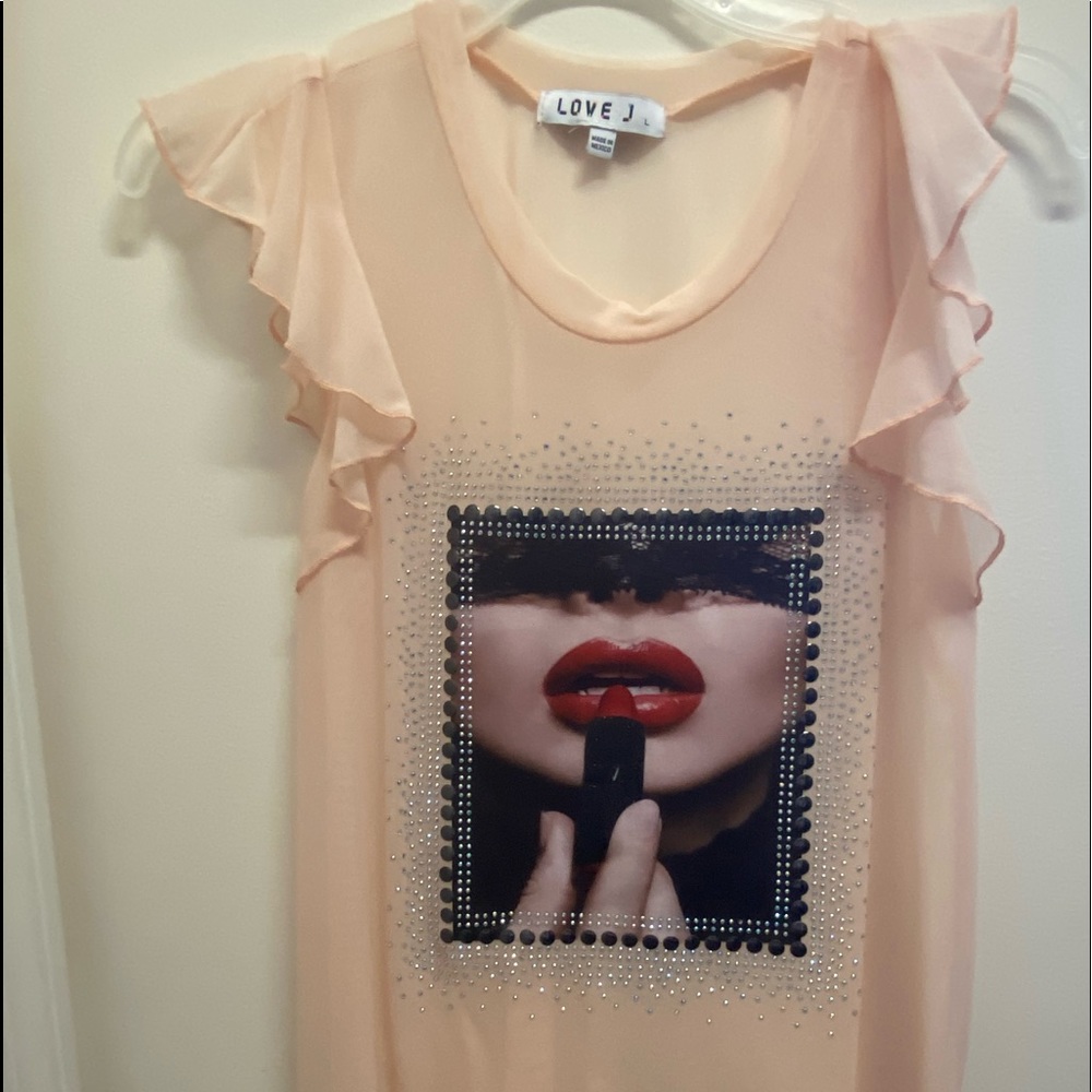 Sheer nude ruffle sleeve top by Love-J, Size L